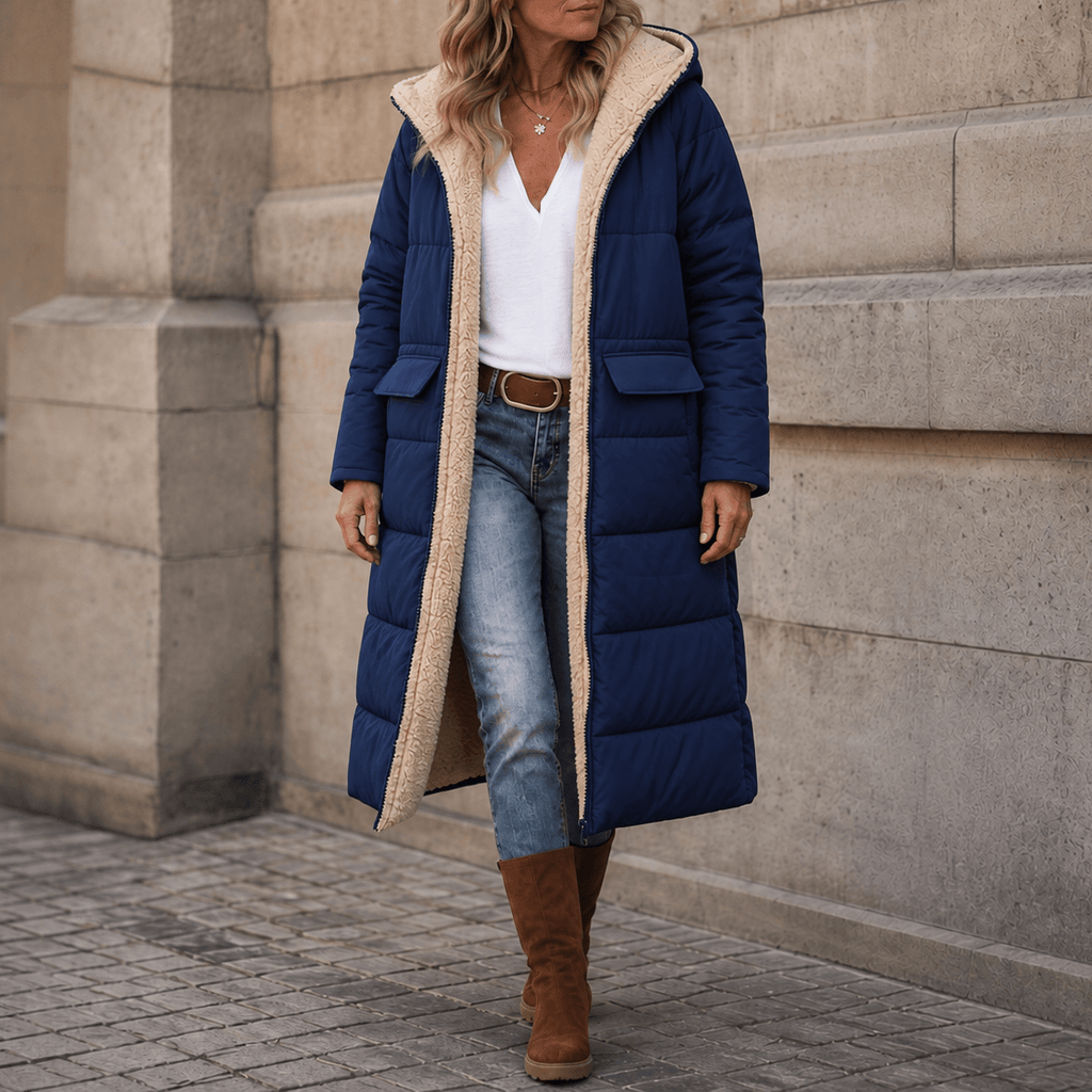 Reversa Women's Reversible Hooded Long Winter Coat with Faux Shearling Lining