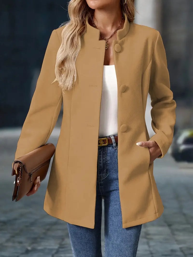 Sofia Button-Front Stand Collar Wool Blend Winter Coat for Women