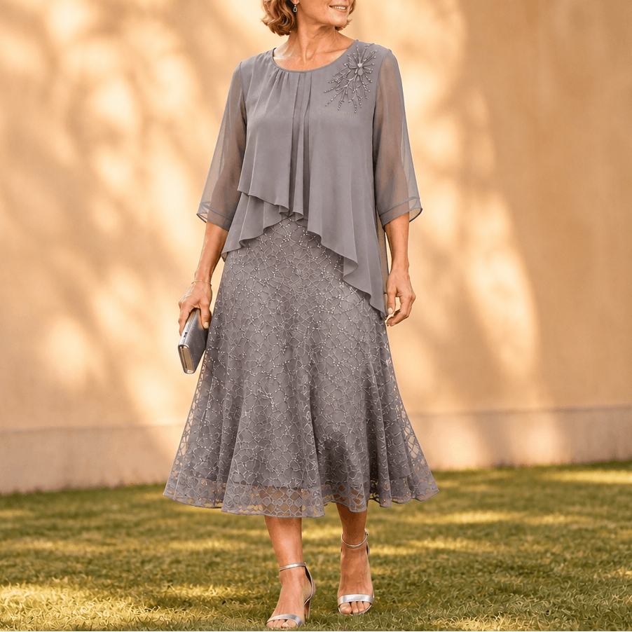 Elavine Floral Lace Overlay Chiffon Women's Midi Dress with Sheer Sleeves