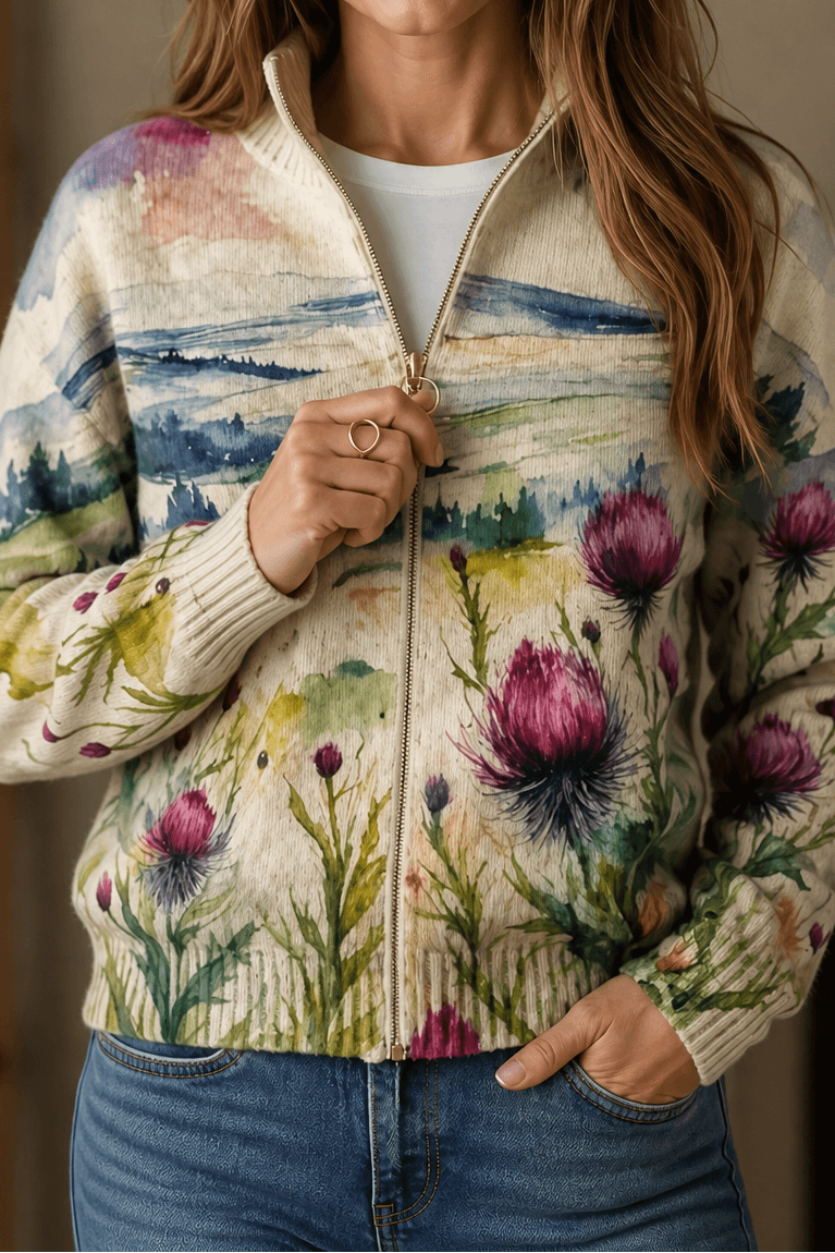 Women's Botanical Print Zip-Up Knit Cardigan Jacket
