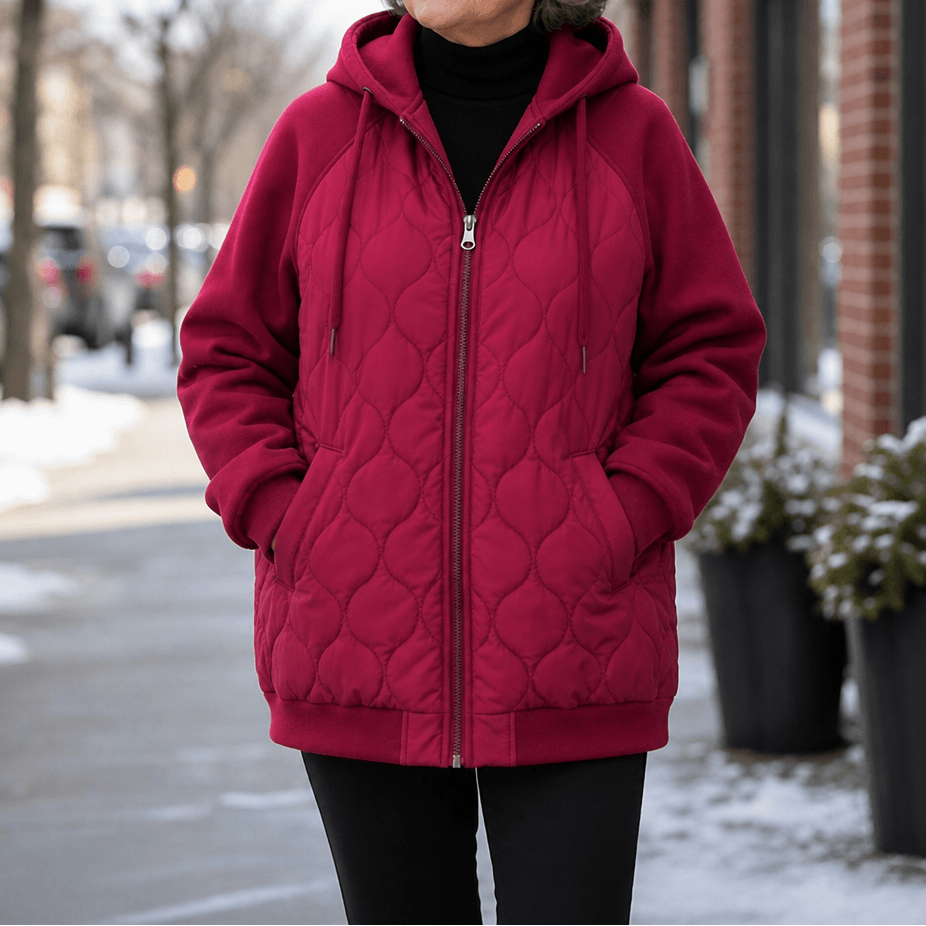 Women's Spliced-Panel Hooded Quilted Puffer Jacket with Polyester Lining