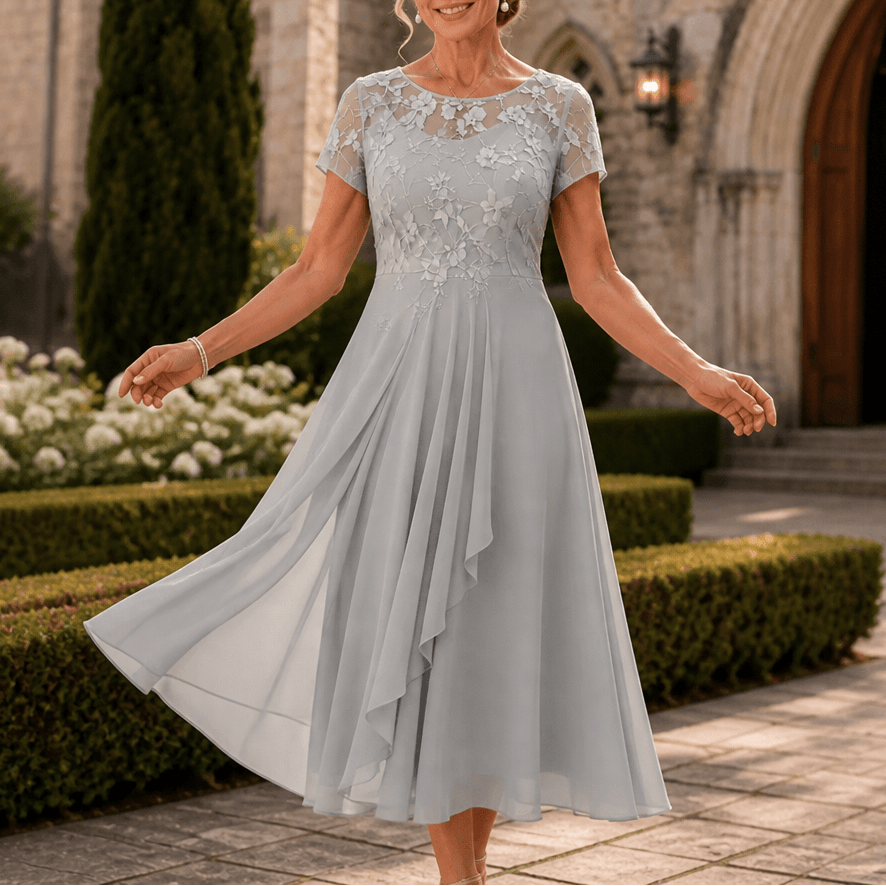 Floral Lace Bodice Chiffon Women's Midi Dress with Short Sleeves