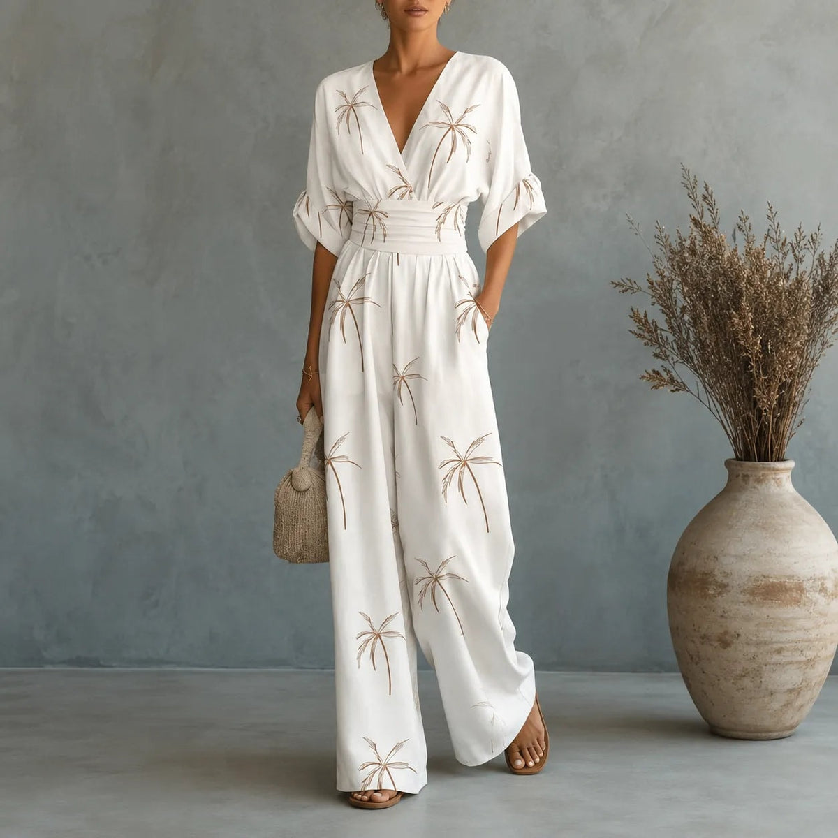 Floral Wide-Leg Jumpsuit with Cinched Waist in Place of a Two-Piece Set