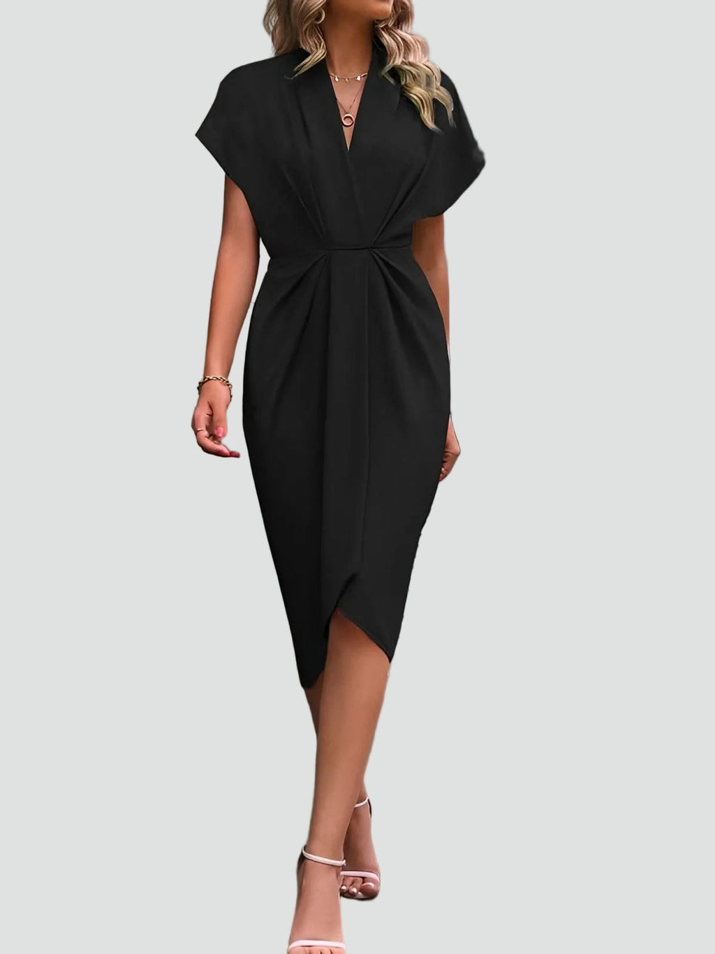 Draped Deep-V Split-Front Women's Midi Dress with Tulip Hem