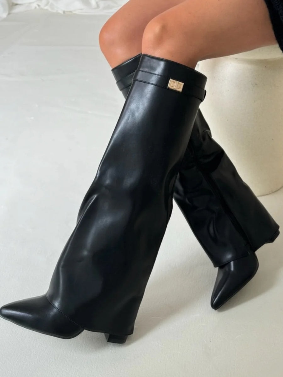 Knee-High Fold-Over Brown Boots with Buckle Strap for Fall and Winter
