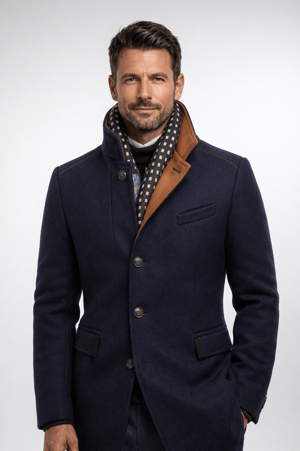Men's Tailored Wool-Blend Winter Coat with Stand Collar