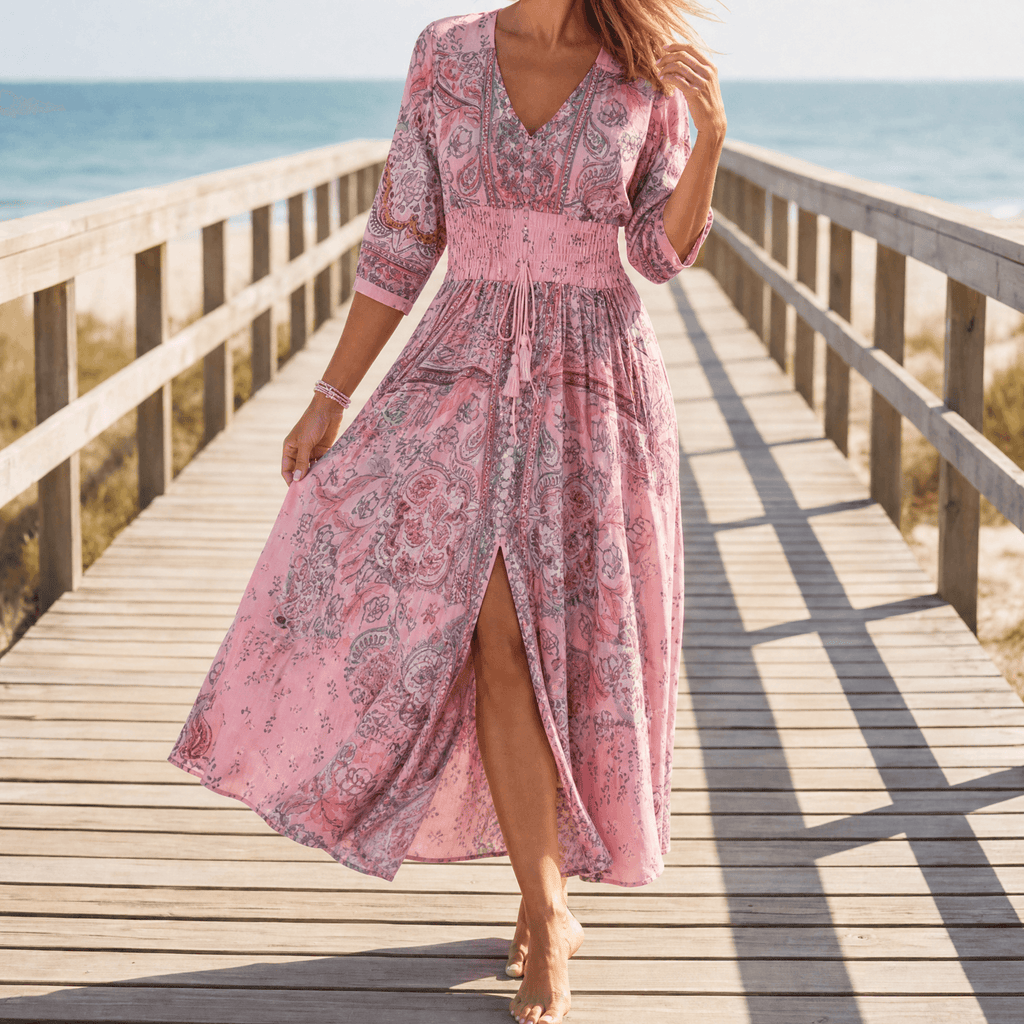 Floressa Paisley Floral V-Neck Maxi Dress with Drawstring Waist