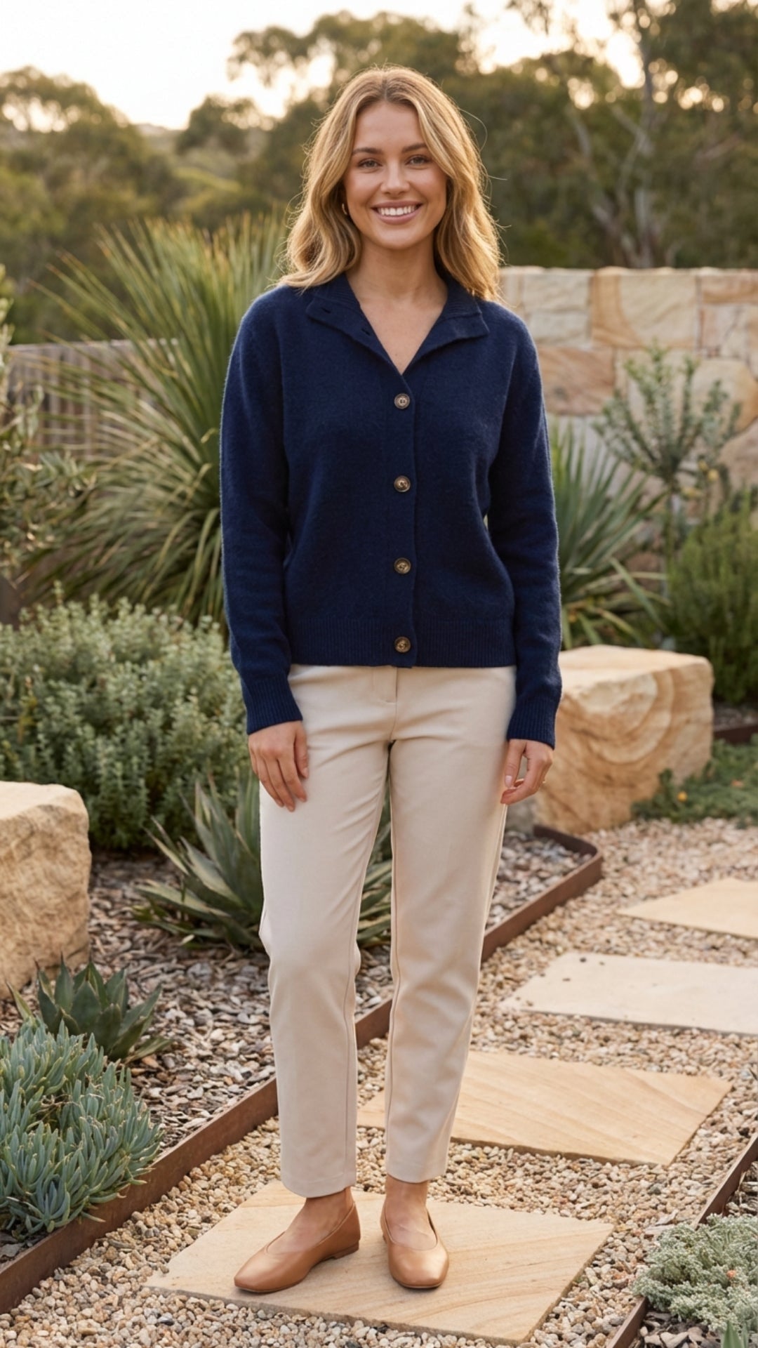 Women's Long Sleeve Knit Cardigan with Stand Collar and Button Front