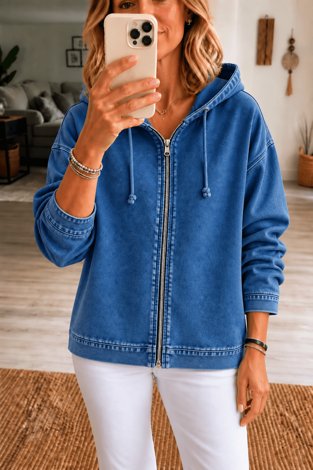 Women's Washed Relaxed Fit Zip-Up Hoodie with Drawstring Hood