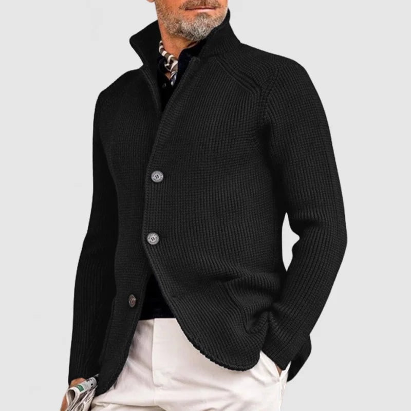 Waffle-Knit Button-Front Mens Sweaters Cardigan with Stand Collar
