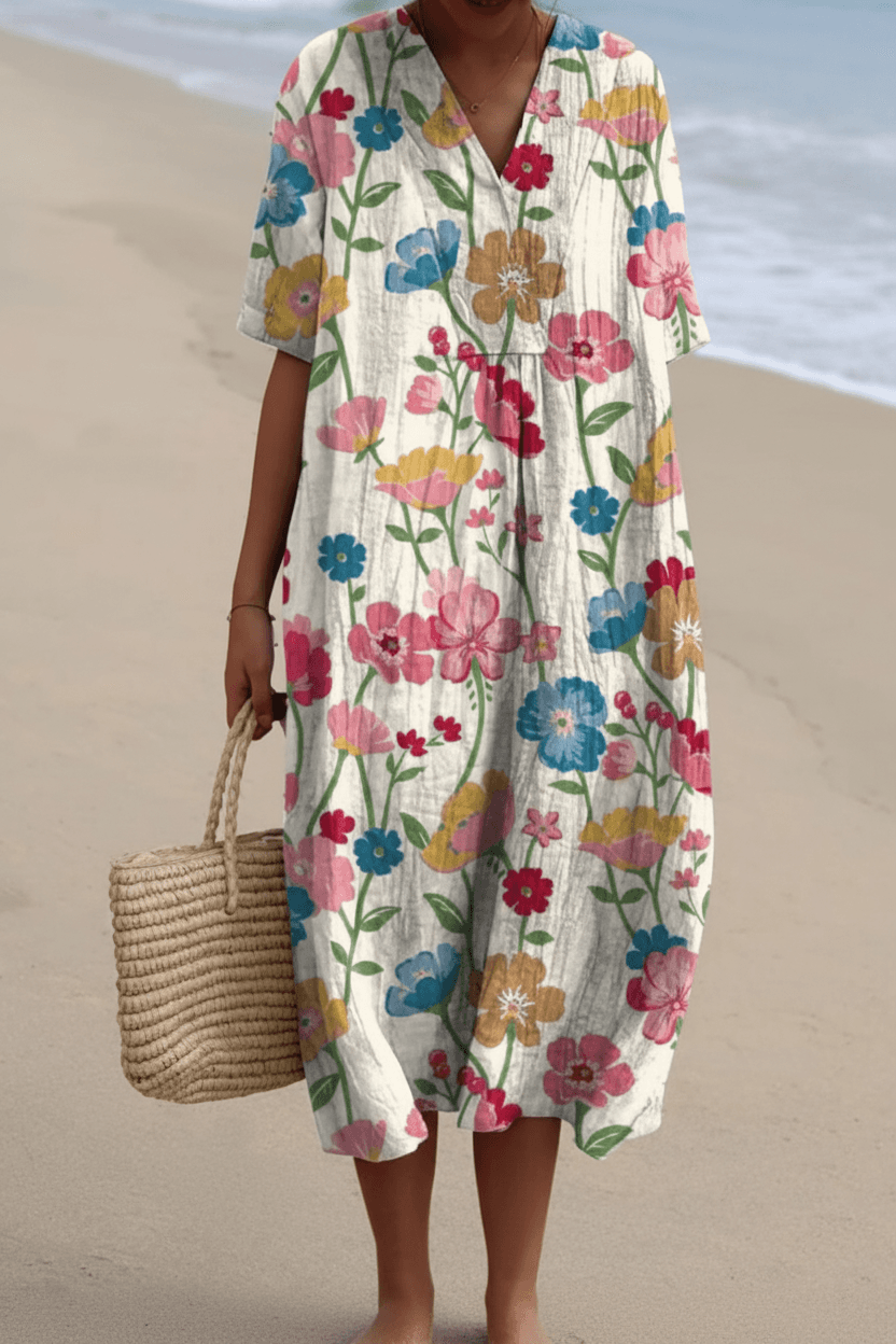 Floral Print V Neck Midi Dress for Beach Vacation and Fall Dresses for Women Occasions