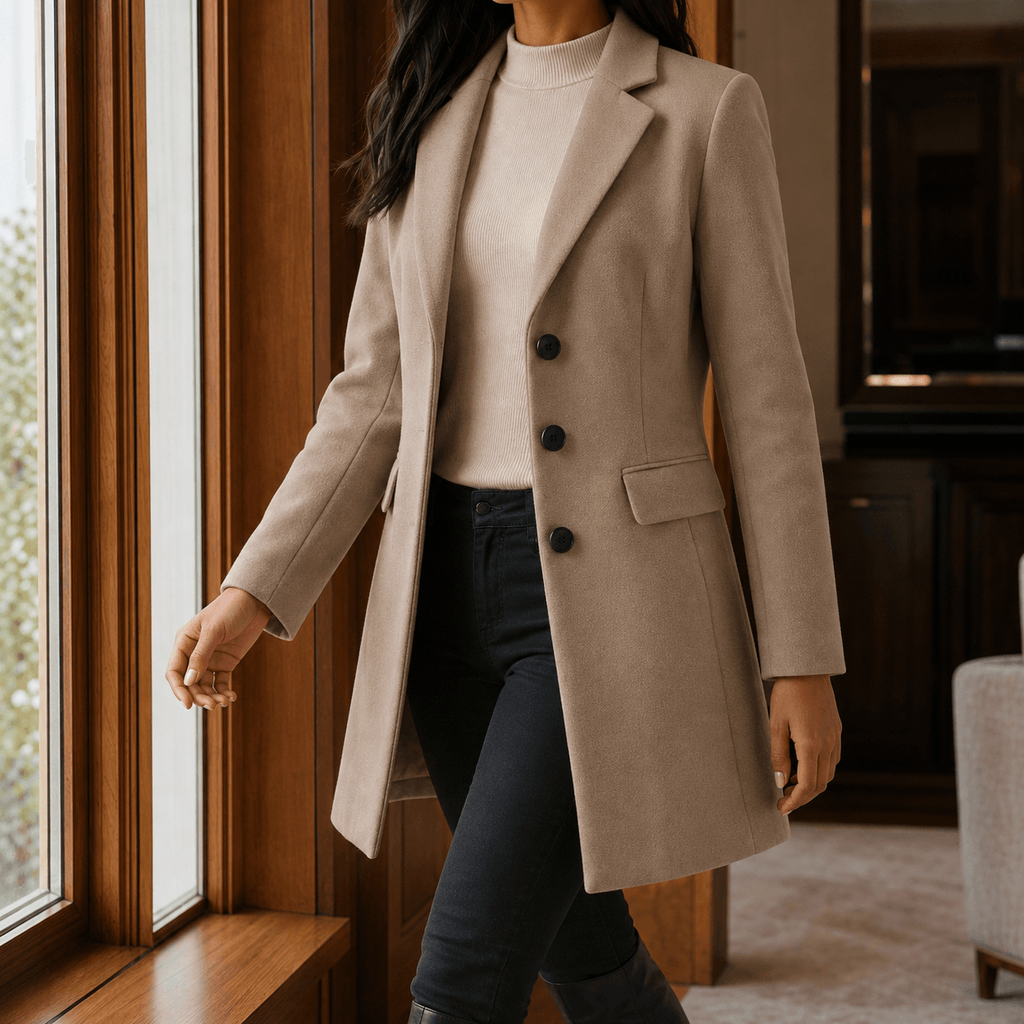 Women's Wool-Blend Tailored Winter Coat with Notched Lapel
