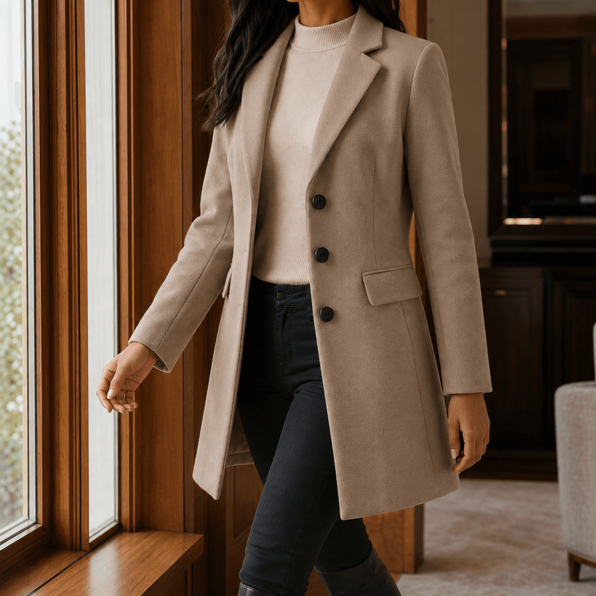 Women's Wool-Blend Tailored Winter Coat with Notched Lapel
