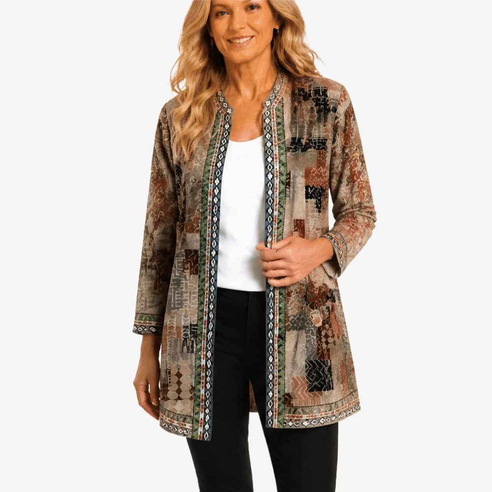 Patterned Open-Front Jacket with Embellished Trim for Women