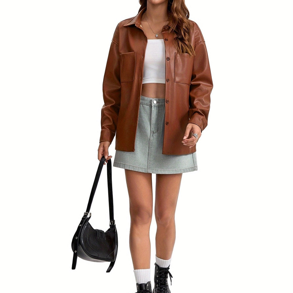 Oversized Faux Leather Shacket with Button Front Collared Fall Jacket