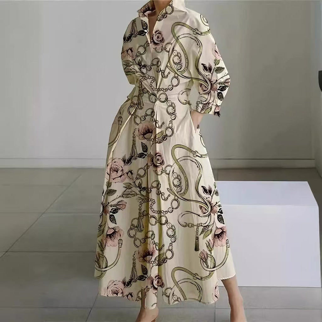 Women's Collared Front Wrap Newspaper Print Maxi Dress