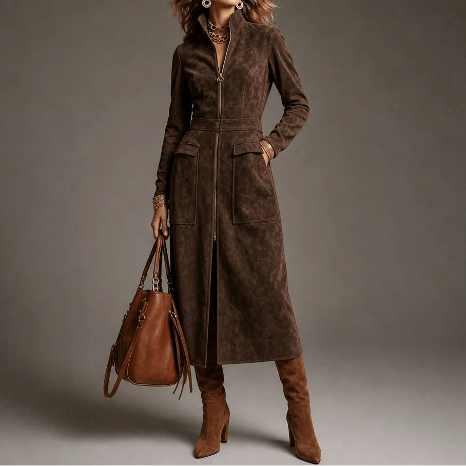 Women's Fitted Long Faux Suede Coat with Stand Collar and Full-Length Zip