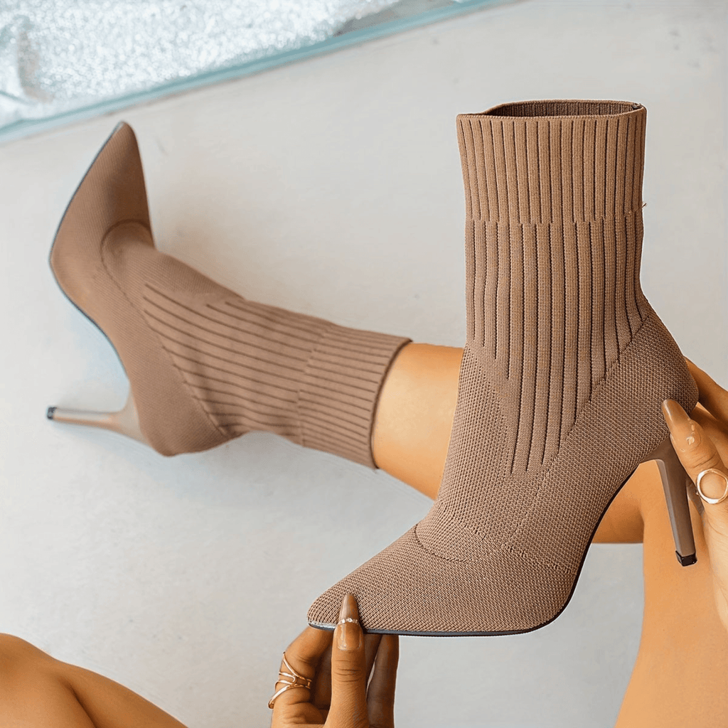 Women's Pointed-Toe Ribbed Knit Ankle Boots with Stiletto Heel