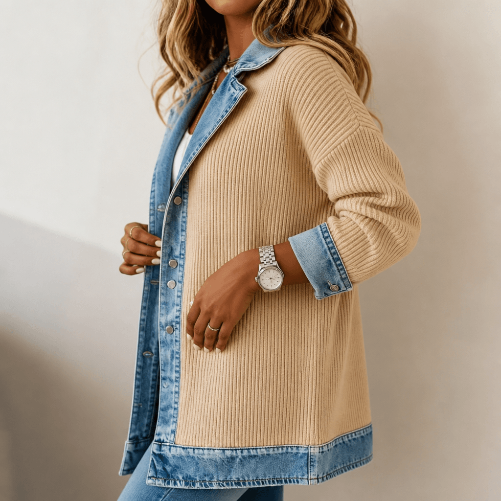 Women's Ribbed Knit Longline Sweater Cardigan with Denim Panel Trim