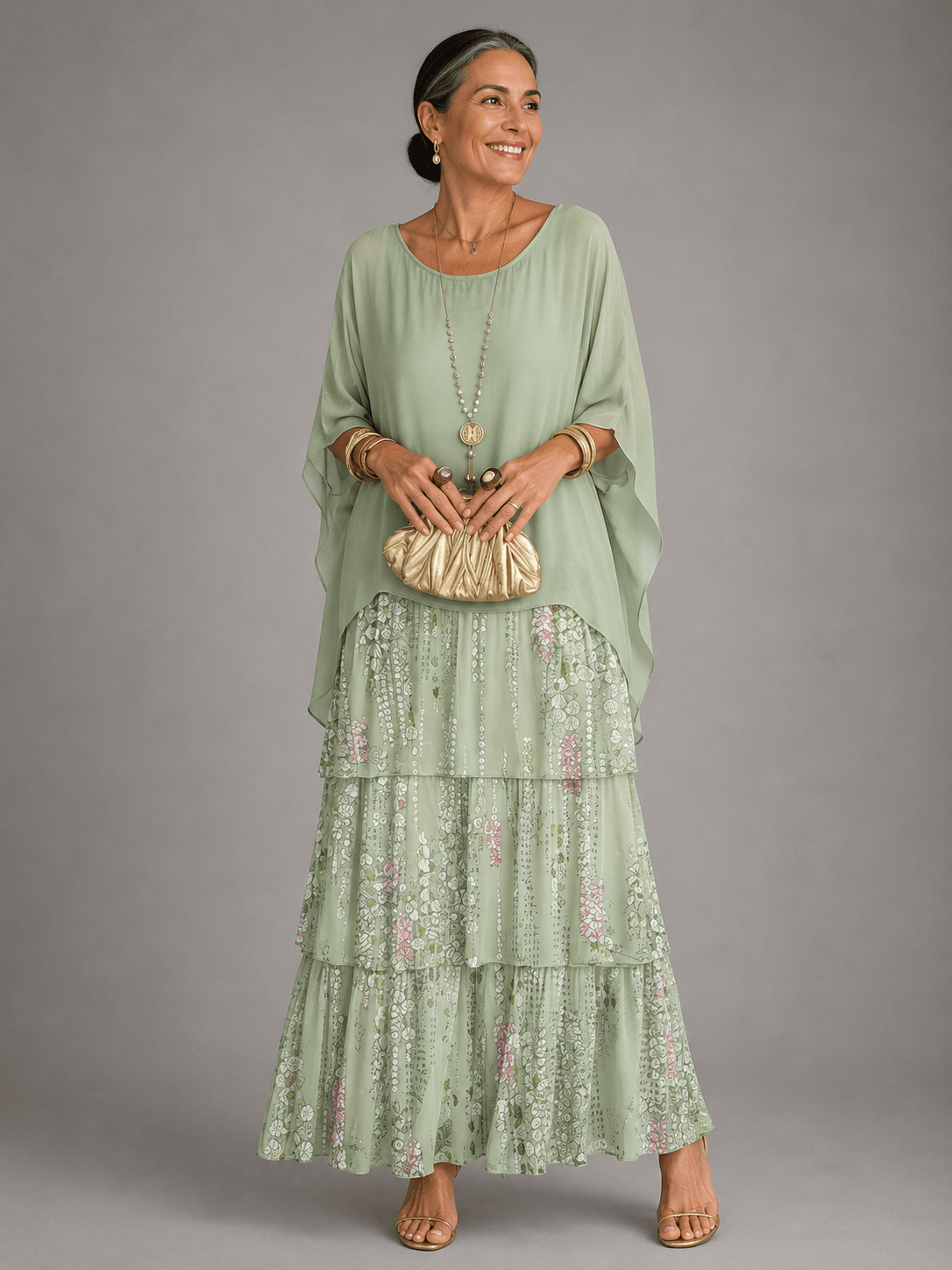 Tiered Ruffle Women's Midi-to-Maxi Dress with Flowing Capelet Sleeves