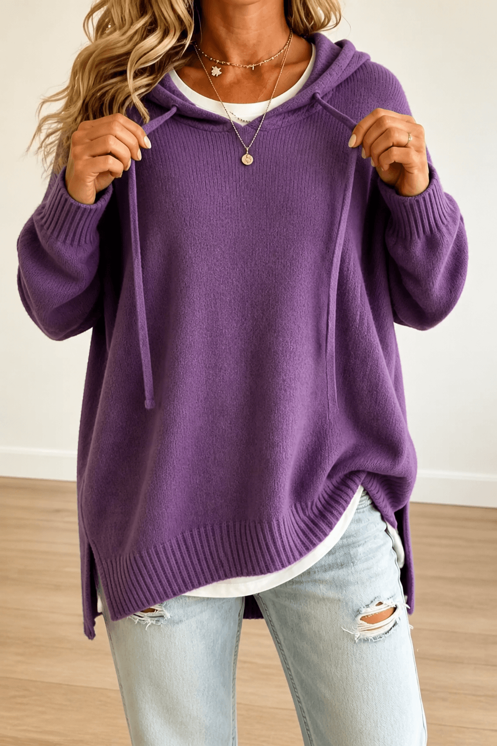 Women's Oversized Hooded Knitted Sweater with Drawstring
