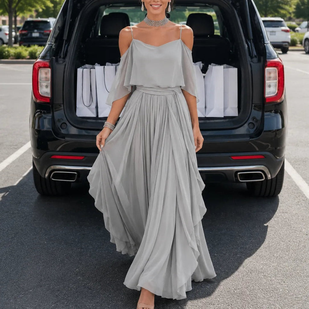 Solavia Cold-Shoulder Chiffon Women's Midi-to-Maxi Dress with Waist Drape