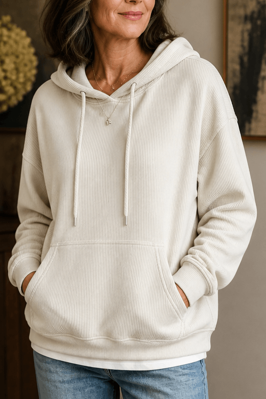 Women's Ribbed Corduroy-Look Pullover Hoodie with Front Pocket