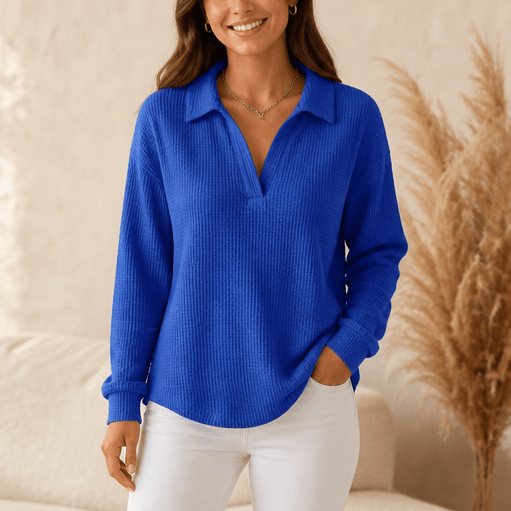 Women's Oversized Waffle-Knit Long-Sleeve V-Neck Sweater with Collar