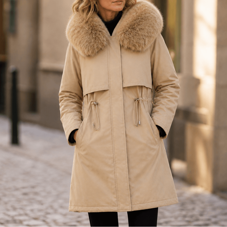 Velora Hooded Mid-Length Faux-Fur Trim Winter Coat for Women