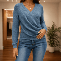 Women's Crossover Wrap V-Neck Knitted Sweater with Cinched Waist Detail