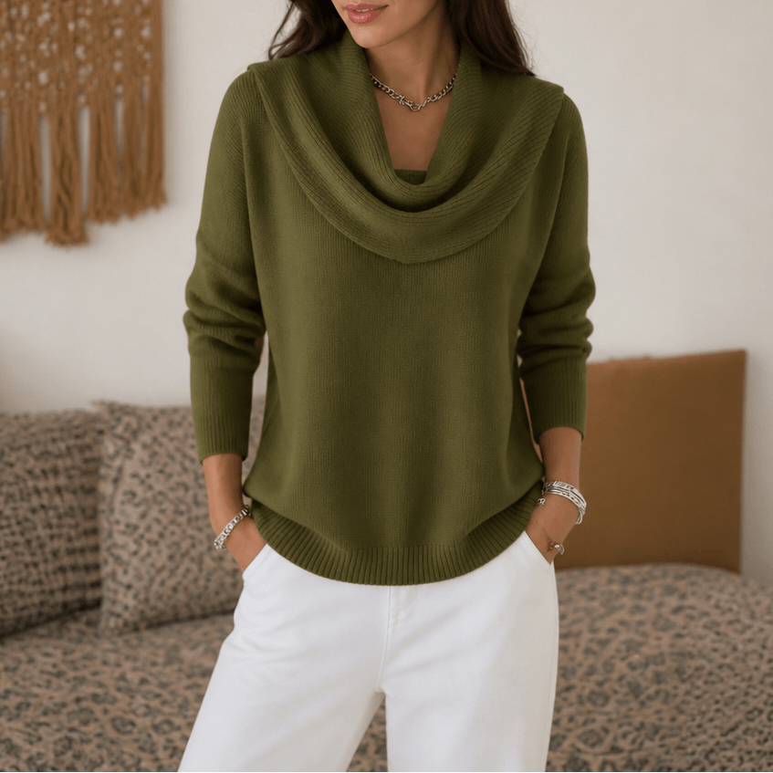 Women's Cowl Neck Drape Knitted Sweater with Long Sleeves