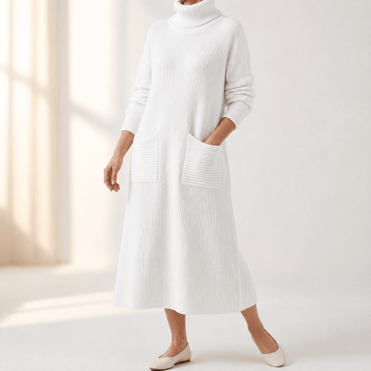 Velara Women's Relaxed Turtleneck Knitted Sweater Maxi Dress with Pockets