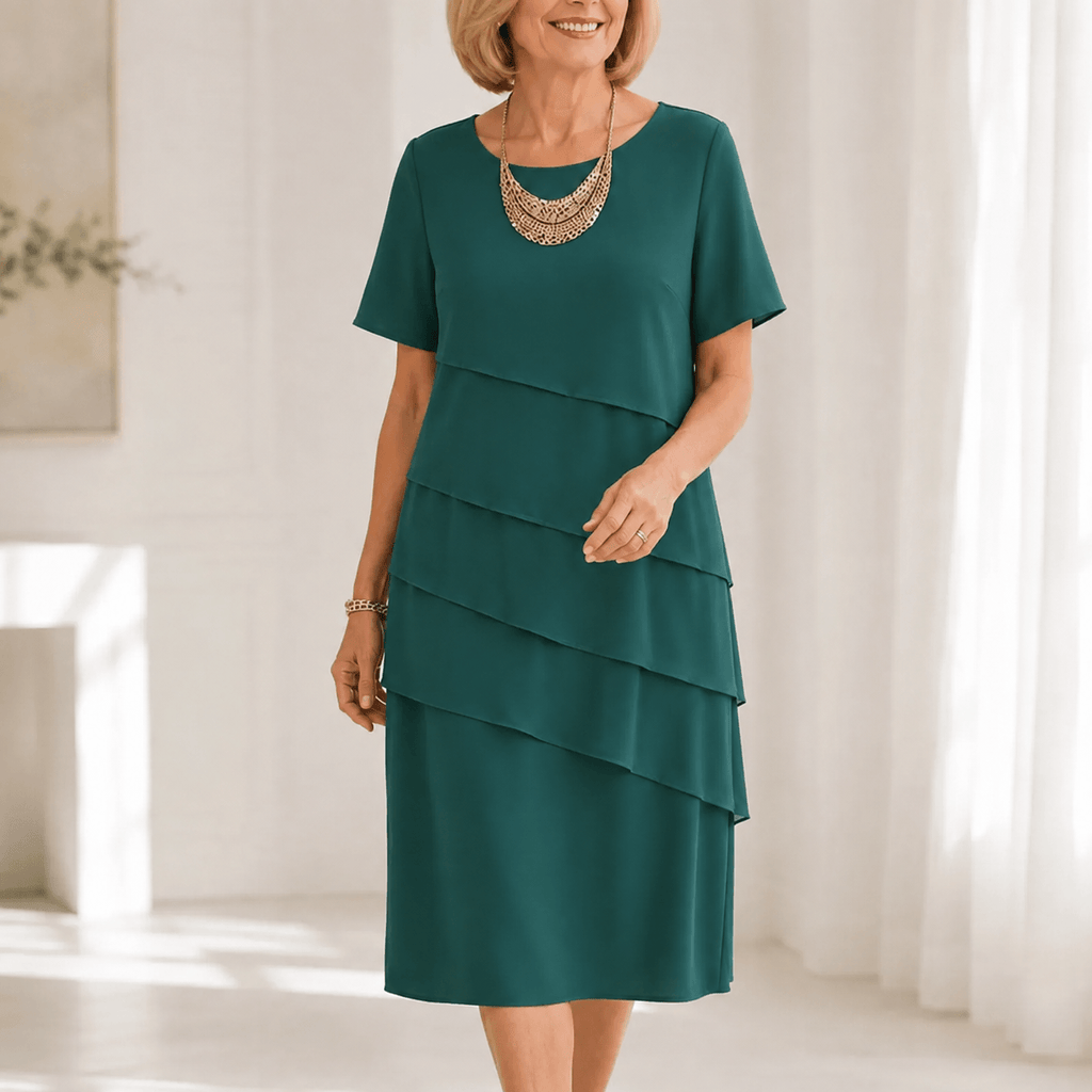Florenza Tiered Asymmetric Chiffon-Like Women's Midi Dress with Flutter Sleeves