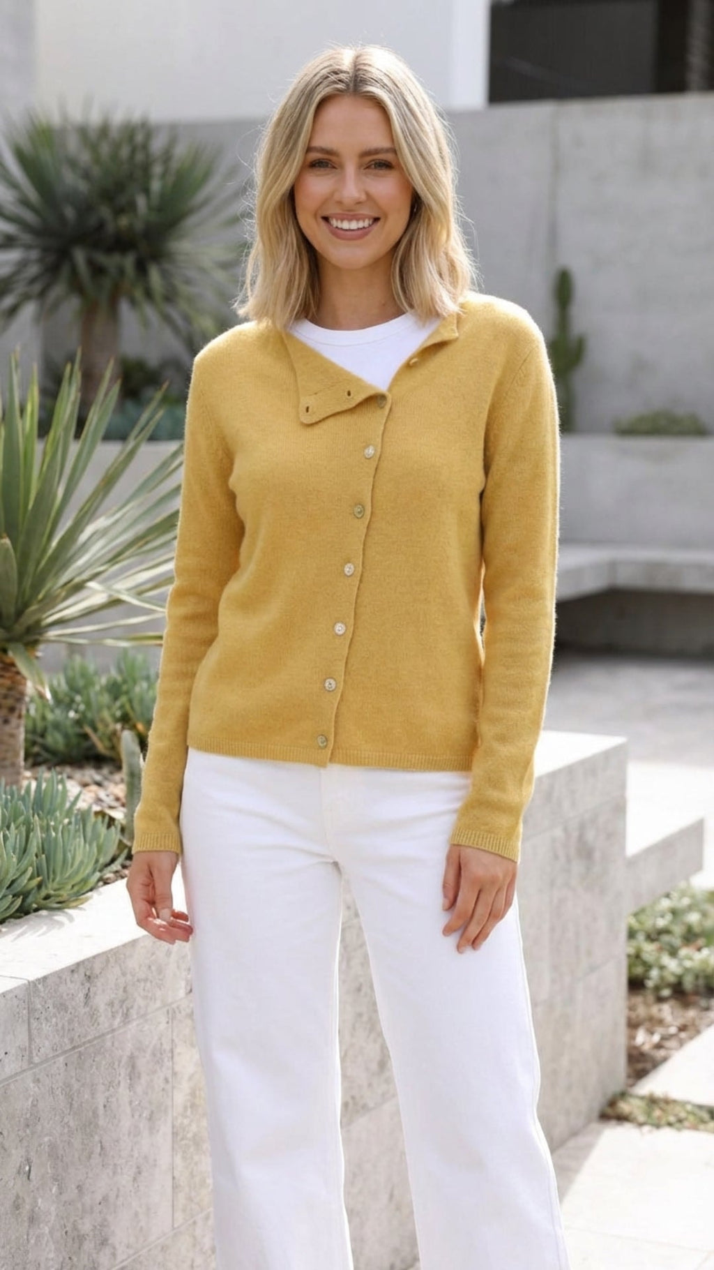 Women's Soft V-Neck Knit Cardigan with Asymmetric Button Front and Long Sleeves