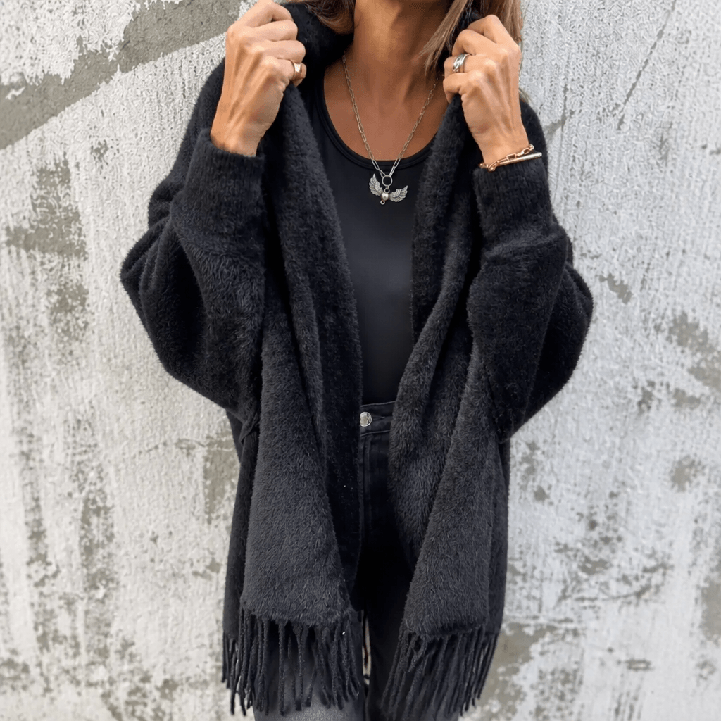 Women's Draped Shawl Collar Open-Front Wool Winter Coat with Fringe Detail