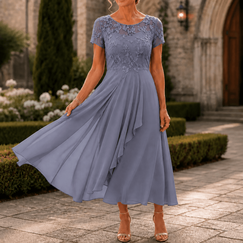 Floral Lace Bodice Chiffon Women's Midi Dress with Short Sleeves