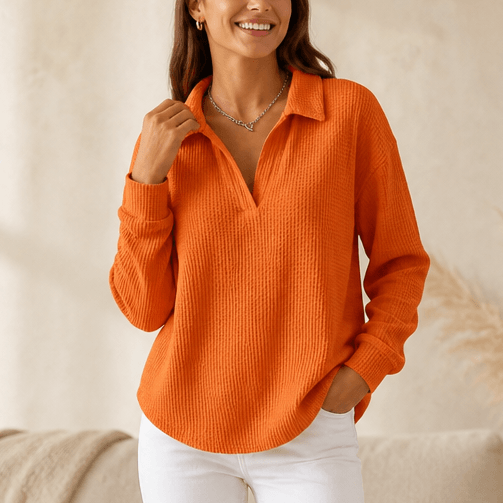 Women's Oversized Waffle-Knit Long-Sleeve V-Neck Sweater with Collar