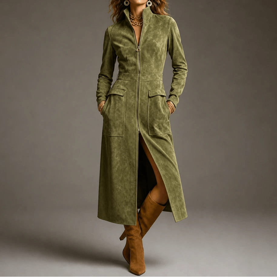 Women's Fitted Long Faux Suede Coat with Stand Collar and Full-Length Zip