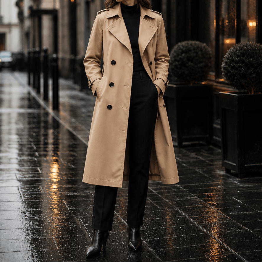 Mayfield Double-Breasted Long Trench Coat with Tailored Collar for Women
