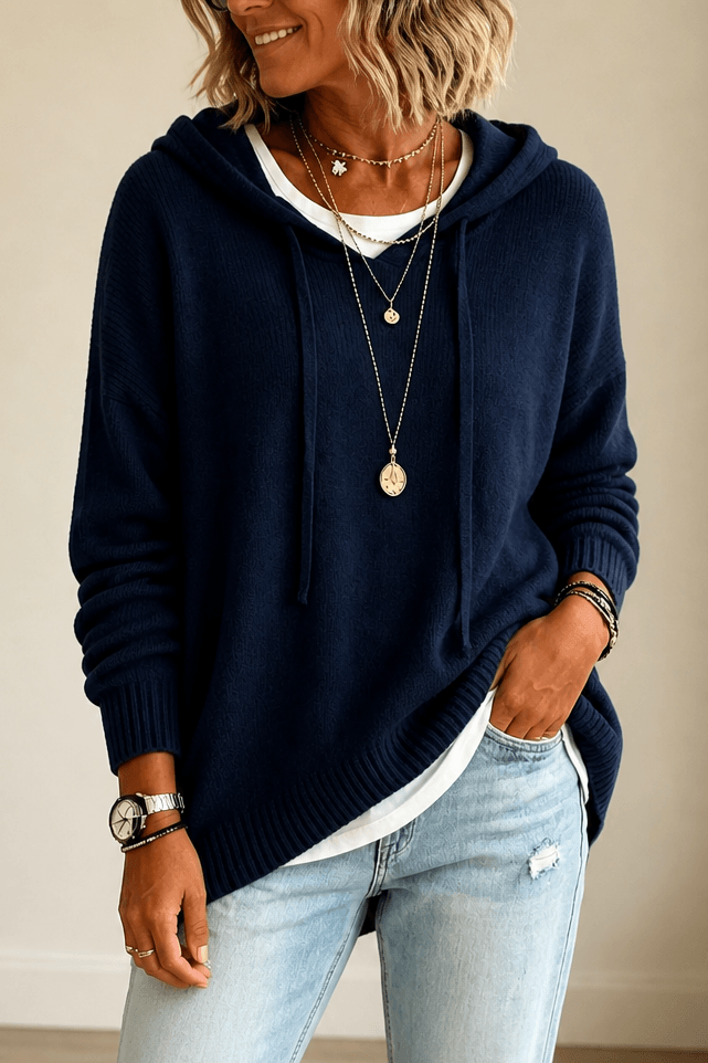 Women's Oversized Hooded Knitted Sweater with Drawstring