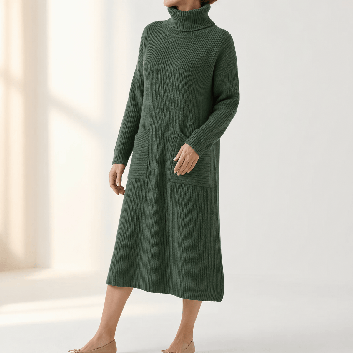 Velara Women's Relaxed Turtleneck Knitted Sweater Maxi Dress with Pockets
