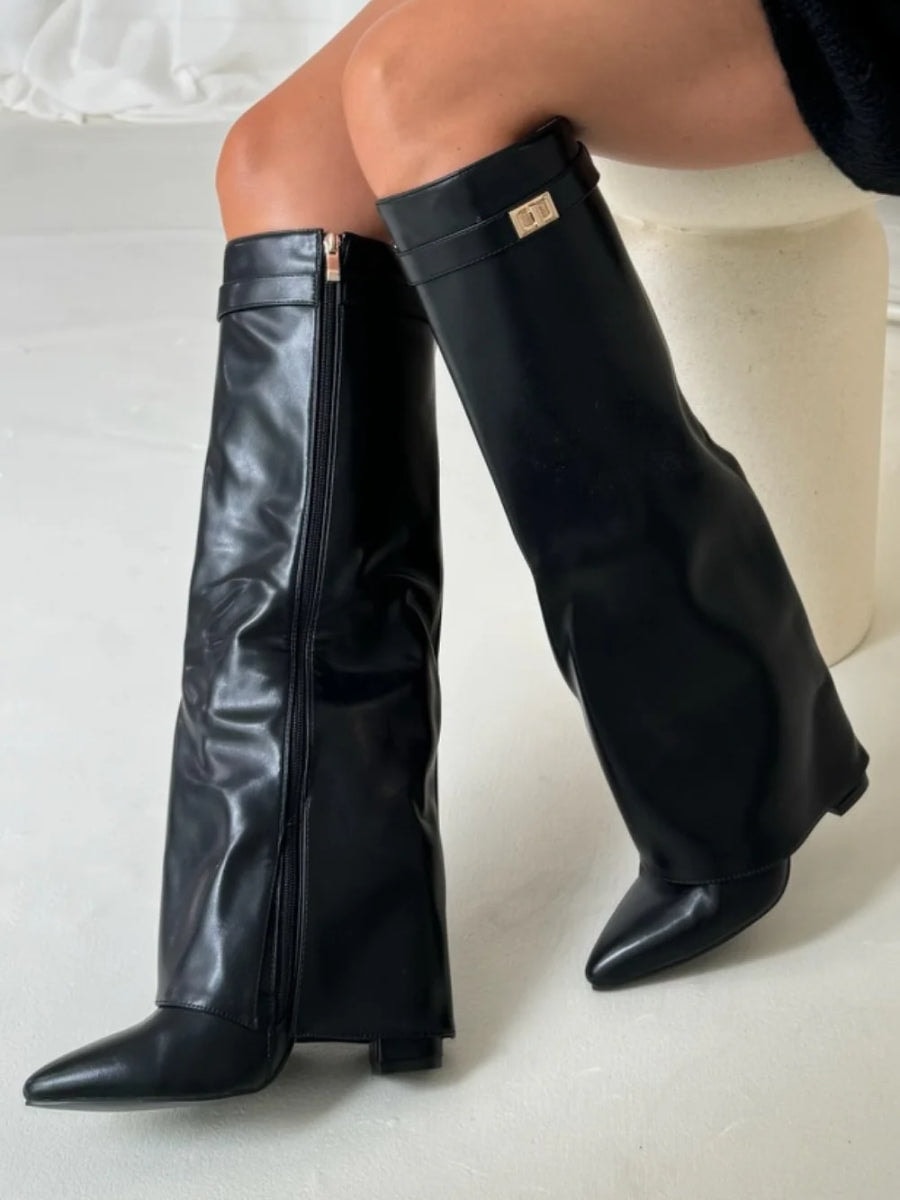 Knee-High Fold-Over Brown Boots with Buckle Strap for Fall and Winter