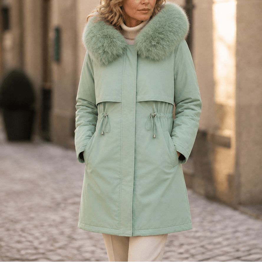 Velora Hooded Mid-Length Faux-Fur Trim Winter Coat for Women