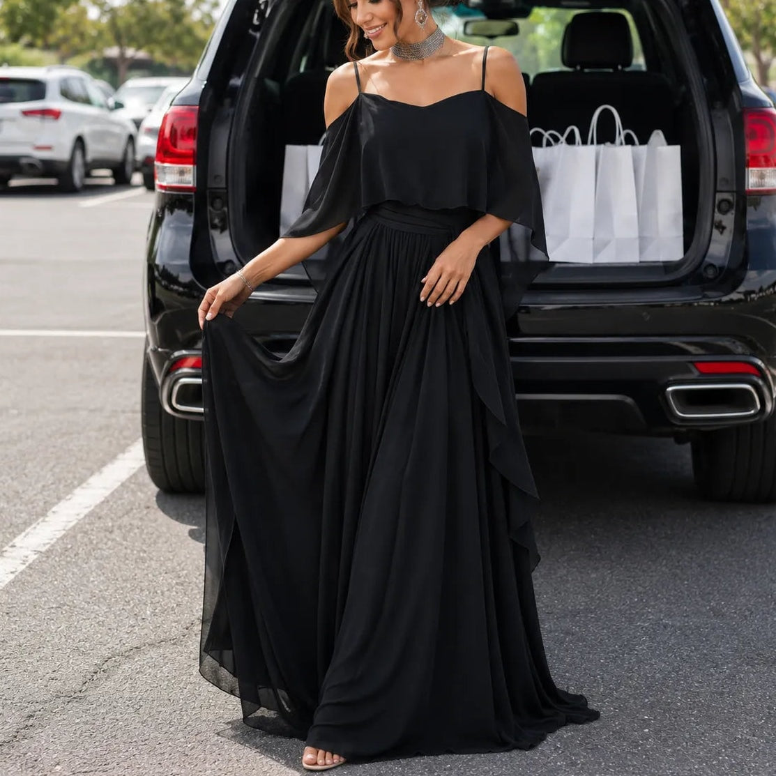 Solavia Cold-Shoulder Chiffon Women's Midi-to-Maxi Dress with Waist Drape