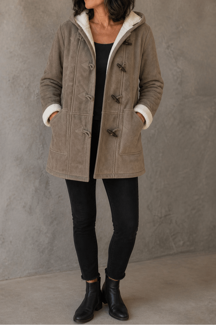 Women's Hooded Faux Suede Winter Coat with Plush Sherpa Lining
