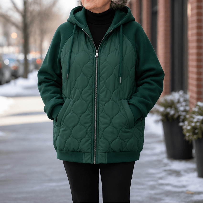 Women's Spliced-Panel Hooded Quilted Puffer Jacket with Polyester Lining