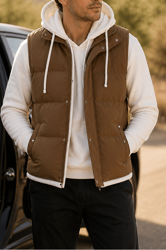 Double-Hood Quilted Puffer Vest with Layered Collar