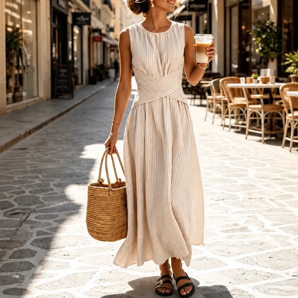 Marellé Striped Wrap-Waist Sleeveless Women's Midi Dress