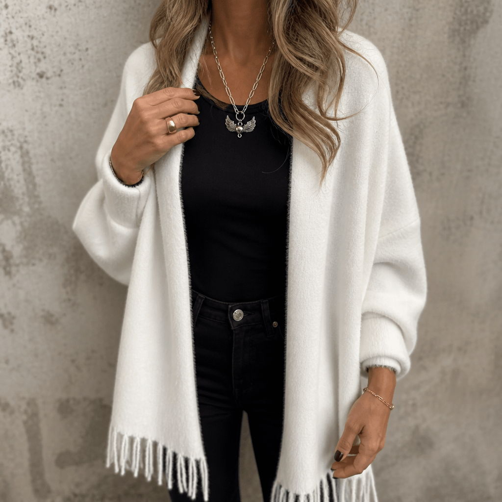 Women's Draped Shawl Collar Open-Front Wool Winter Coat with Fringe Detail