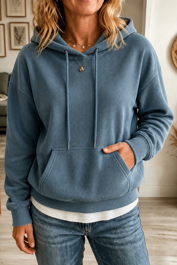 Women's Ribbed Corduroy-Look Pullover Hoodie with Front Pocket